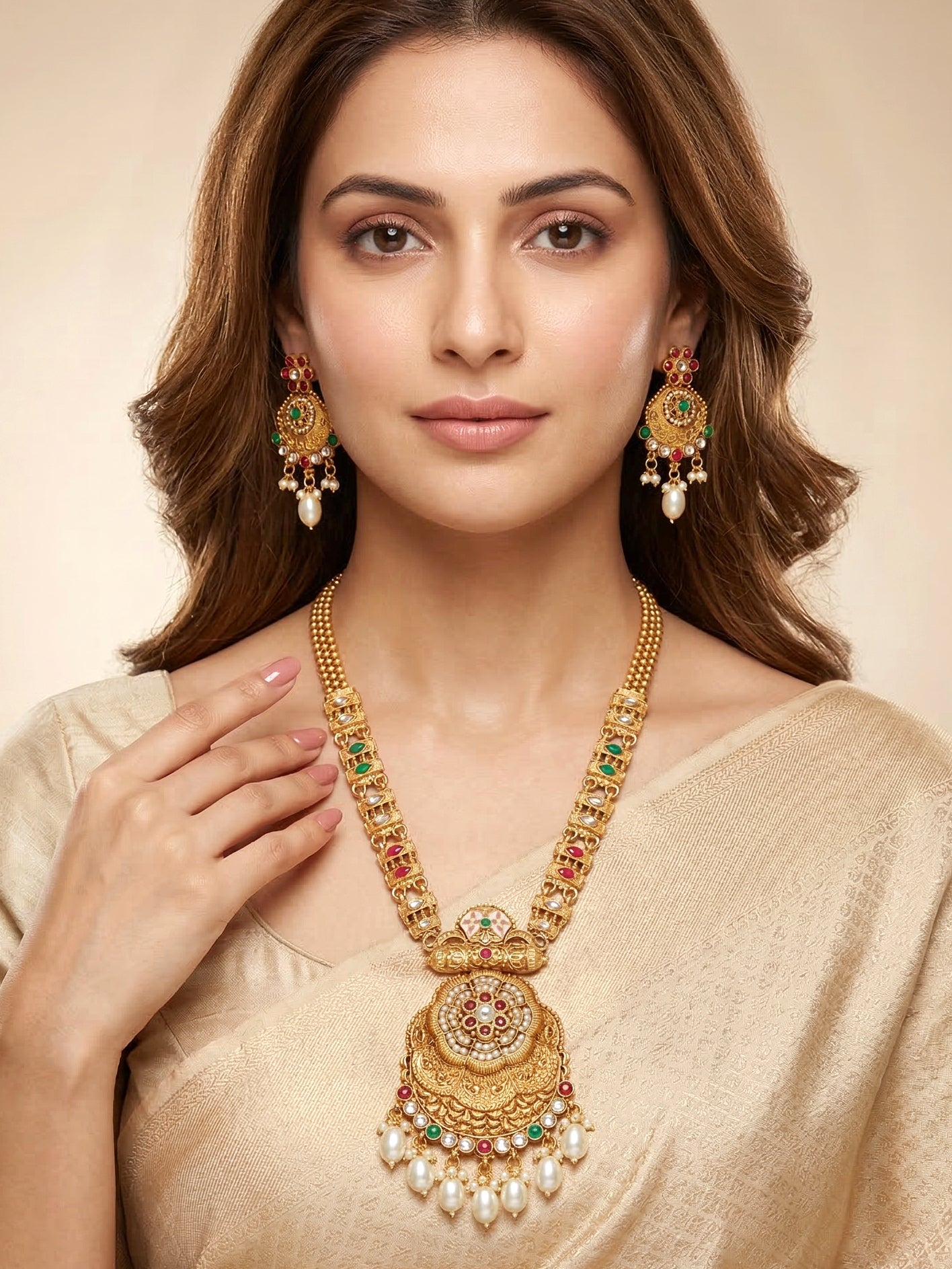 Lucky Jewellery Gold-Plated Ruby & Green Color Long Necklace Set (816-G2SR-205-RG)