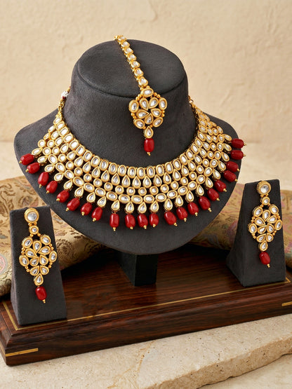 Handcrafted Kundan Maroon Beaded Choker Jewellery Set with Maang Tikka, 18K Gold Plated (842-B5SP-005-M)