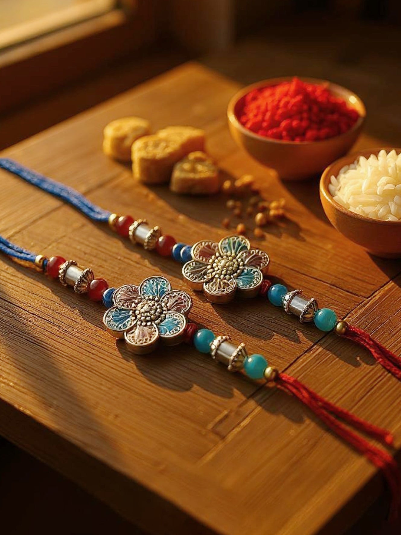 Lucky Jewellery Designer Oxidised Silver Rakhi - Rakshabandhan Magenta & Turquoise Color Meena Rakhee Bracelet for Brother/Bhaiya/Bhai/Bhabhi - Pack of 2 (106-CHR1-1967-RF-S-2)