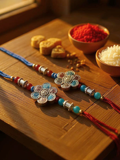 Lucky Jewellery Designer Oxidised Silver Rakhi - Rakshabandhan Magenta & Turquoise Color Meena Rakhee Bracelet for Brother/Bhaiya/Bhai/Bhabhi - Pack of 2 (106-CHR1-1967-RF-S-2)