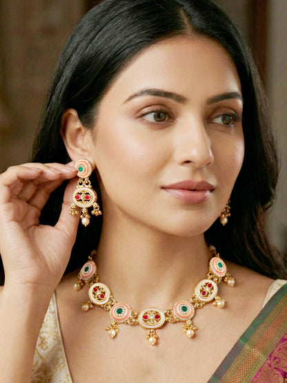 Lucky Jewellery Gold-Plated Meenakari Red & Green Stone Necklace Set (580-G2SR-260-WRG)