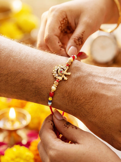 Designer Krishna Flute & Peacock Rakhi Set For Brother | Roli Chawal And Card (72-S5R1-AR2934)