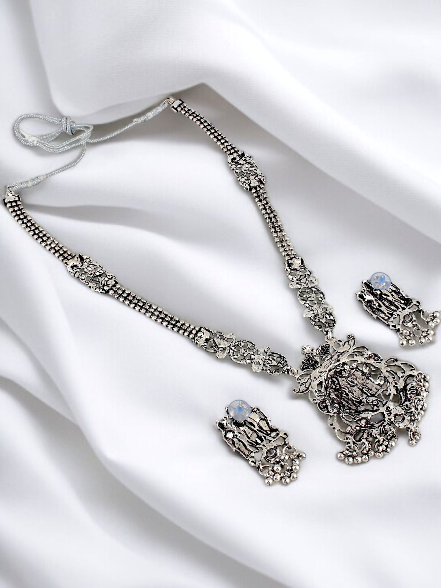 Oxidised Silver Temple Jewellery Necklace Set for Women & Girls