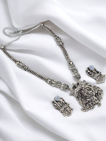 Oxidised Silver Temple Jewellery Necklace Set for Women & Girls
