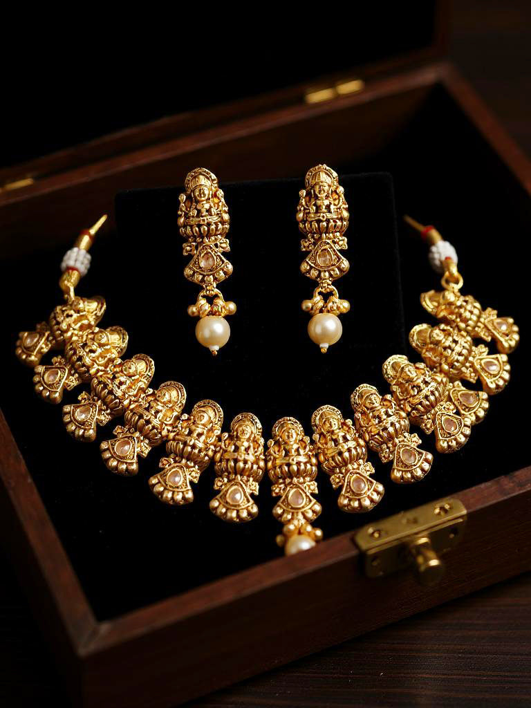 Gold Plated Temple Jewellery Goddess Lakshmi Design Necklace with Earrings