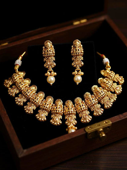 Gold Plated Temple Jewellery Goddess Lakshmi Design Necklace with Earrings