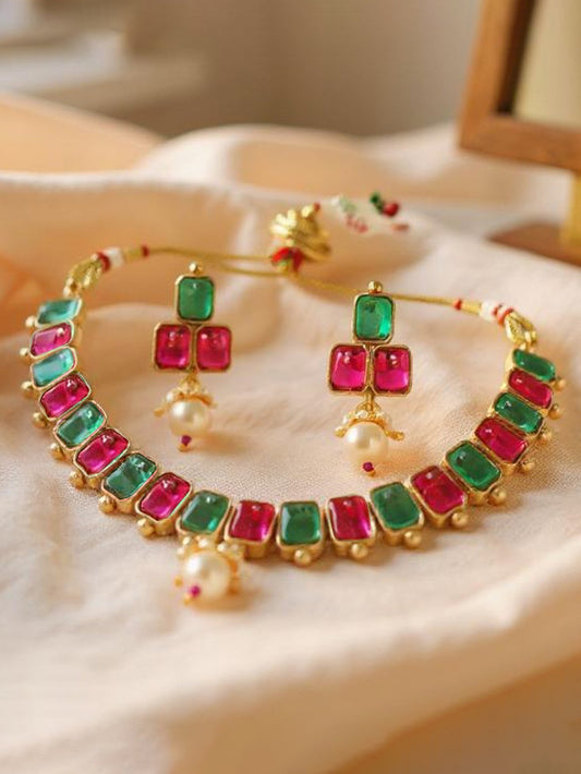 Gold Plated Choker Necklace Set with Earrings for Women & Girls