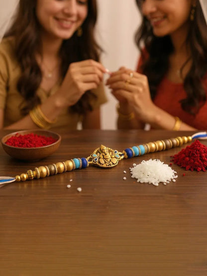 Gold Plated Meenakari Religious Rakshabandhan Ganpati Design Rakhi for Bhaiya/Bhabhi Pack of 1