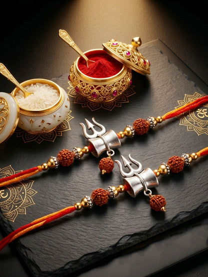 Set of 2 Small Trishul Damaru Pendant Rakhi for Brother with Rudraksha & Gold Beads, Roli Chawal (126-JPR1-1972-S-2-2026)