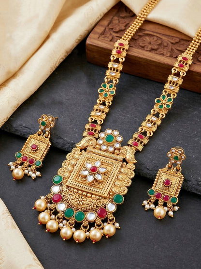 Lucky Jewellery Gold-Plated Ruby & Green Color Long Necklace Set (732-G2SR-192-RG)