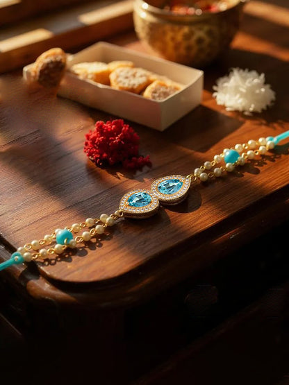 Lucky Jewellery Designer Turquoise Color Stone Rakhi - Rakshabandhan Pearl Rakhee Bracelet Lumba for Brother Bhai Bhaiya Bhabhi - Pack of 1 (200-CHB2-1279-F)