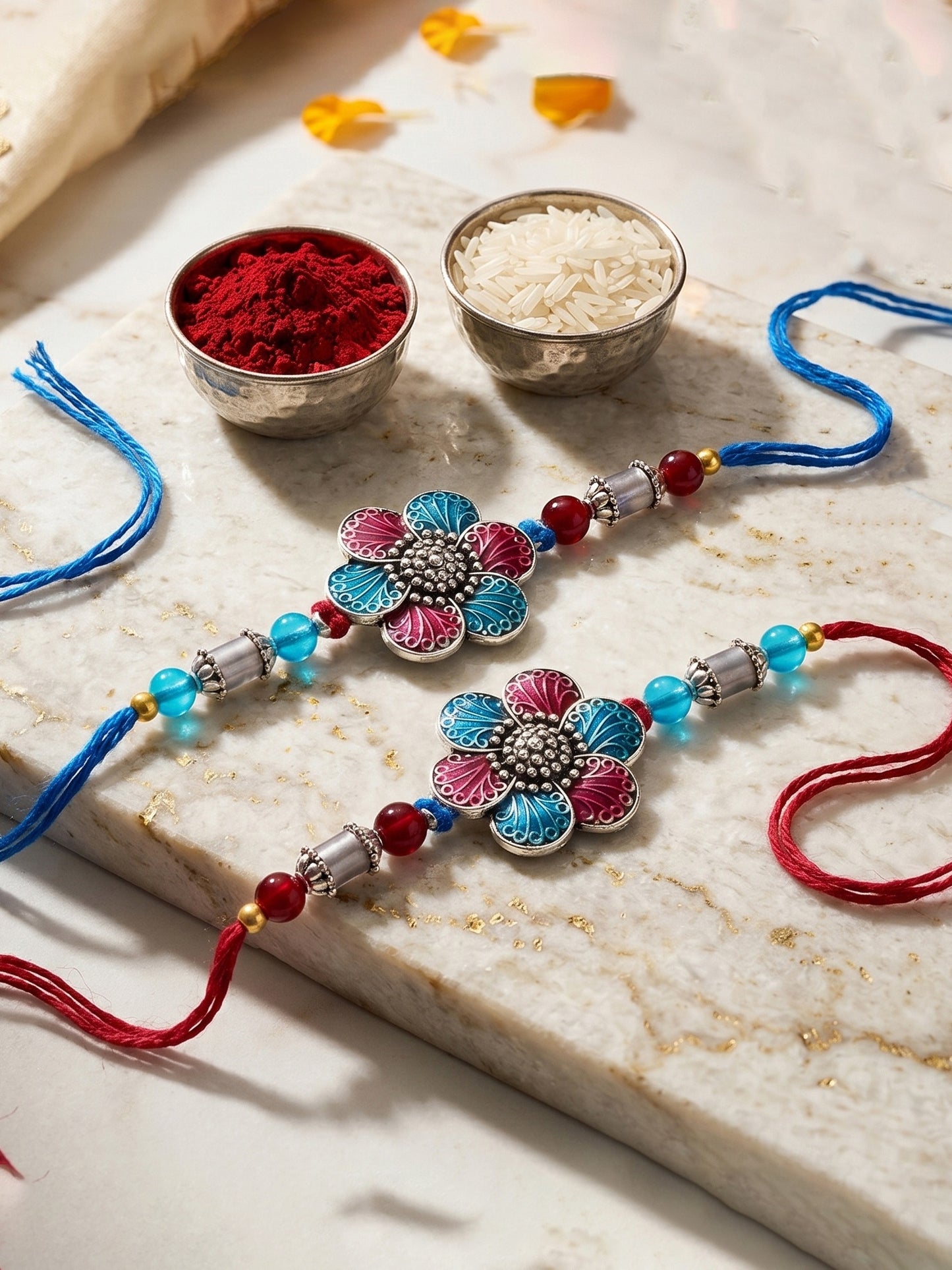 Set of 2 Designer Floral Rakhi for Brother with Metallic, Blue & Maroon Enamel, Roli & Chawal (106-CHR1-1967-RF-S-2-2026)