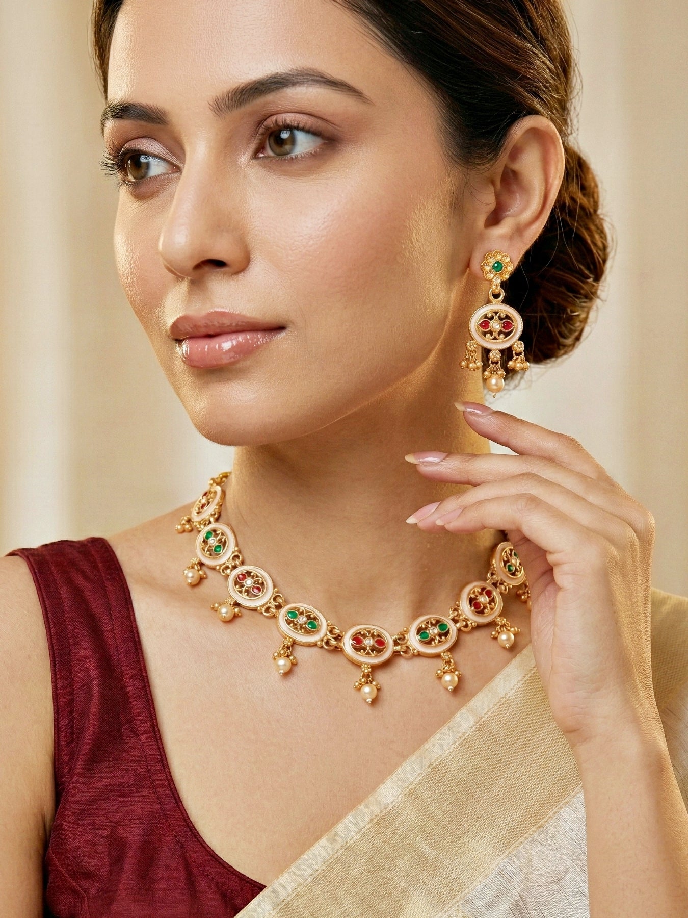 Lucky Jewellery Gold-Plated Meenakari Red & Green Stone Necklace Set (580-G2SR-261-WRG)