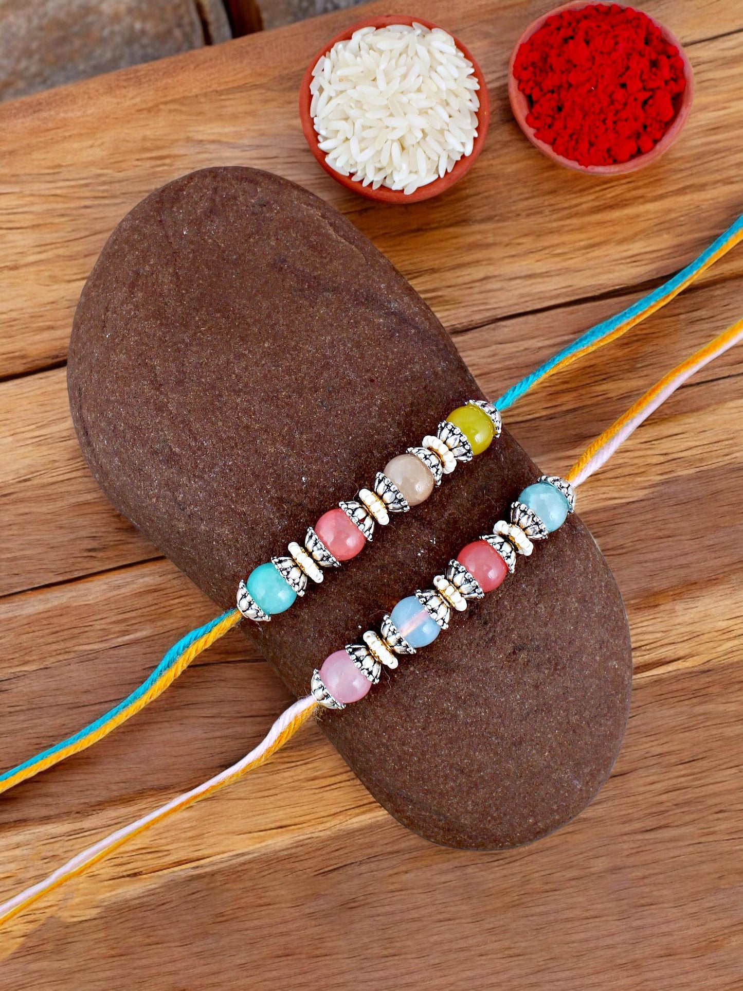 Lucky Jewellery Designer Multi Color Pearl Rakhi - Rakshabandhan Rakhee Bracelet for Brother/Bhaiya/Bhai/Bhabhi - Pack of 2 (96-JPR1-1993-MT-S-2)