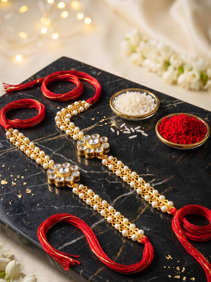 LUCKY JEWELLERY Traditional Rakhi for Brother/Bhaiya – Gold Plated Red Thread Rakshabandhan Rakhie White Stones for Bhai/Bhabhi (Pack of 2) – Fancy Rakhee Bracelet Rakshasutra (198-L1R1-26-W-2-2026)