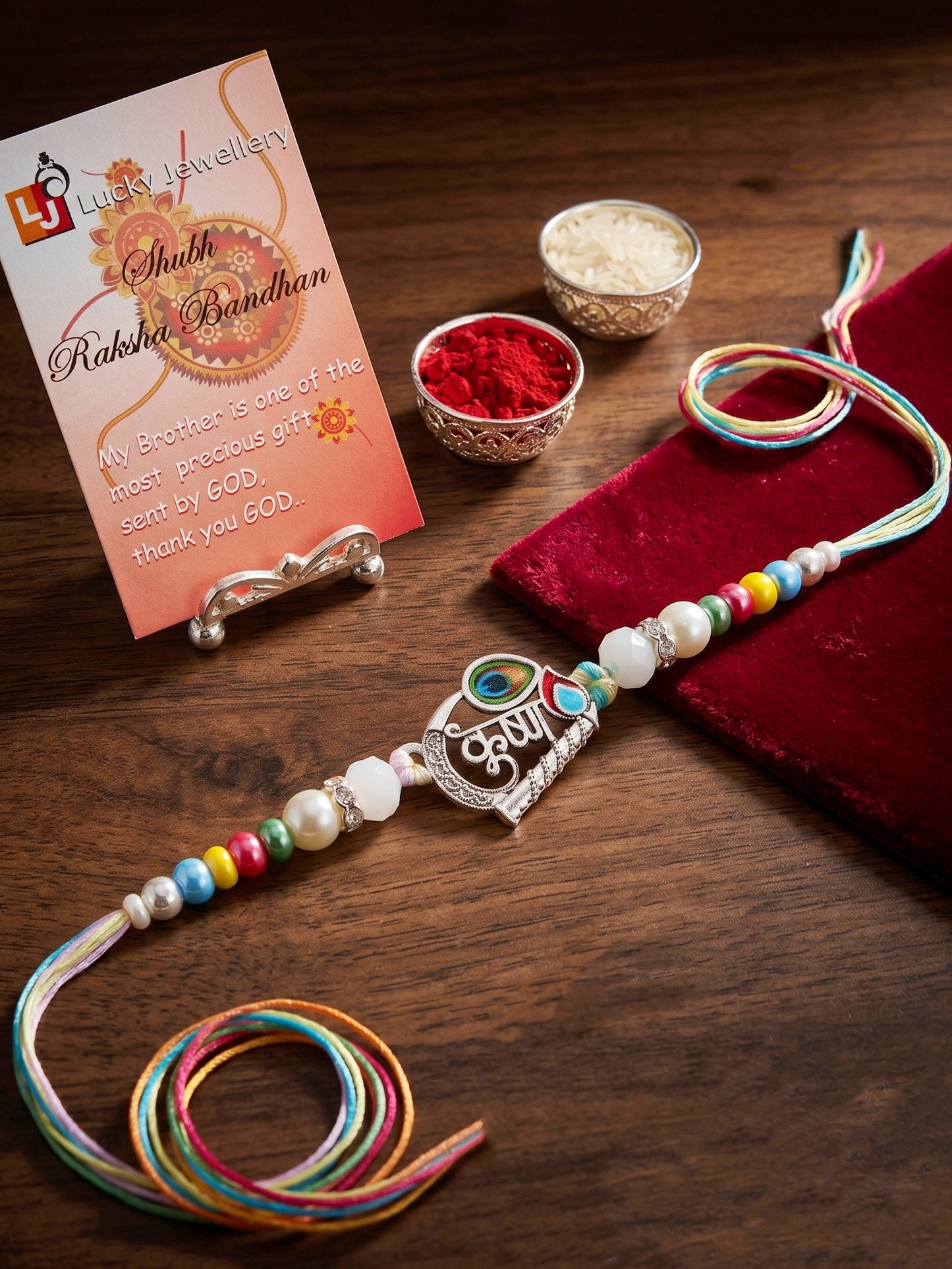Spiritual Silver Krishna Bansuri Beaded Rakhi For Brother With Roli Chawal & Card (102-S5R1-AR2728)