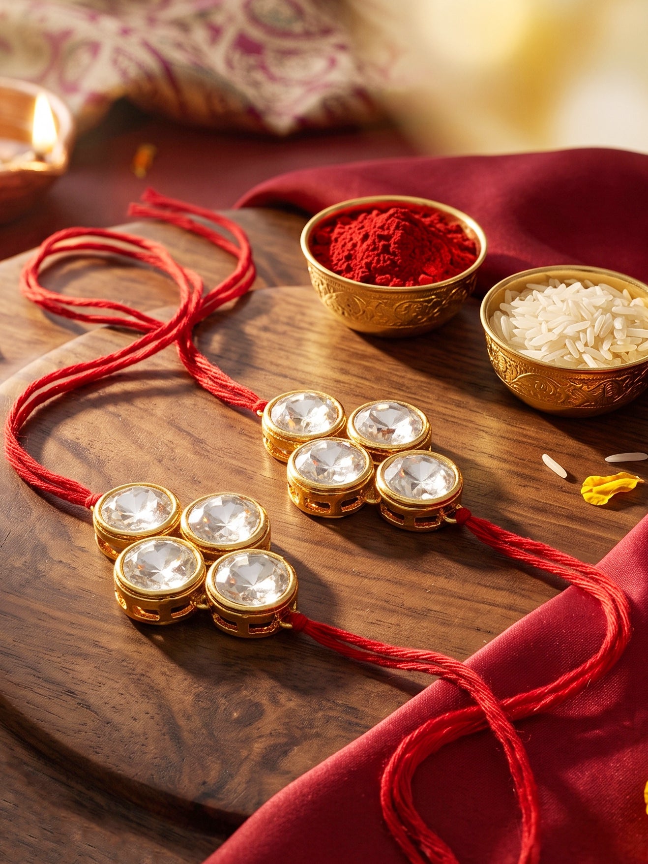 LUCKY JEWELLERY Traditional Rakhi for Brother/Bhaiya – Gold Plated Red Thread Rakshabandhan Rakhie White Stones for Bhai/Bhabhi (Pack of 2) – Fancy Rakhee Bracelet Rakshasutra (198-L1R1-19-W-2-2026)