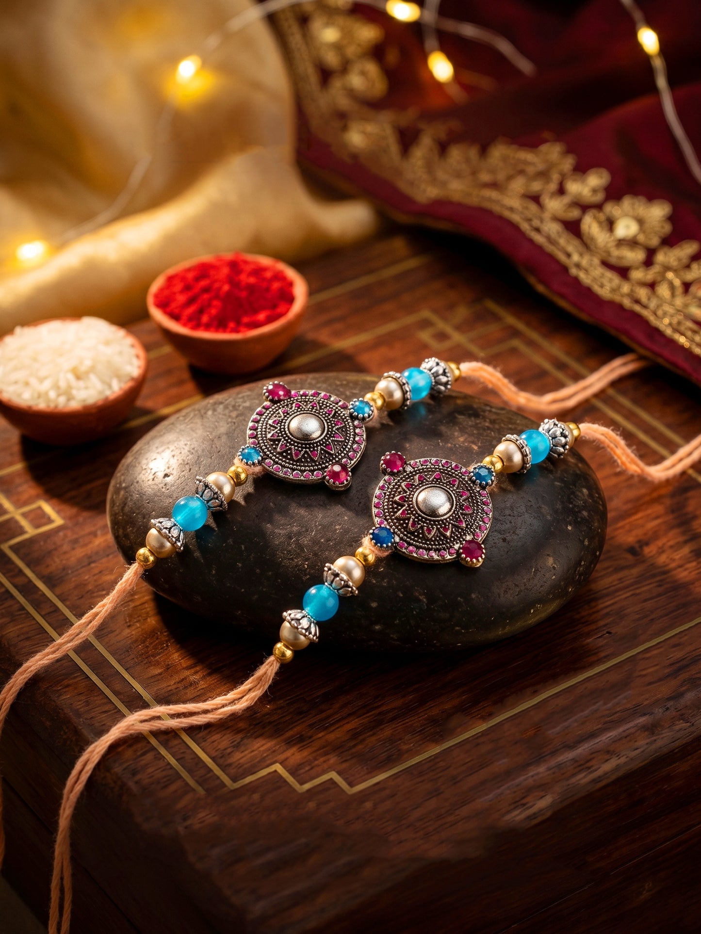 Set of 2 Oxidised Mandala Rakhi for Brother with Silver & Blue Beads, Roli Chawal & Card (96-CHR1-1962-2-2026)
