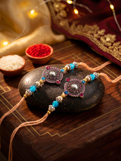 Set of 2 Oxidised Mandala Rakhi for Brother with Silver & Blue Beads, Roli Chawal & Card (96-CHR1-1962-2-2026)