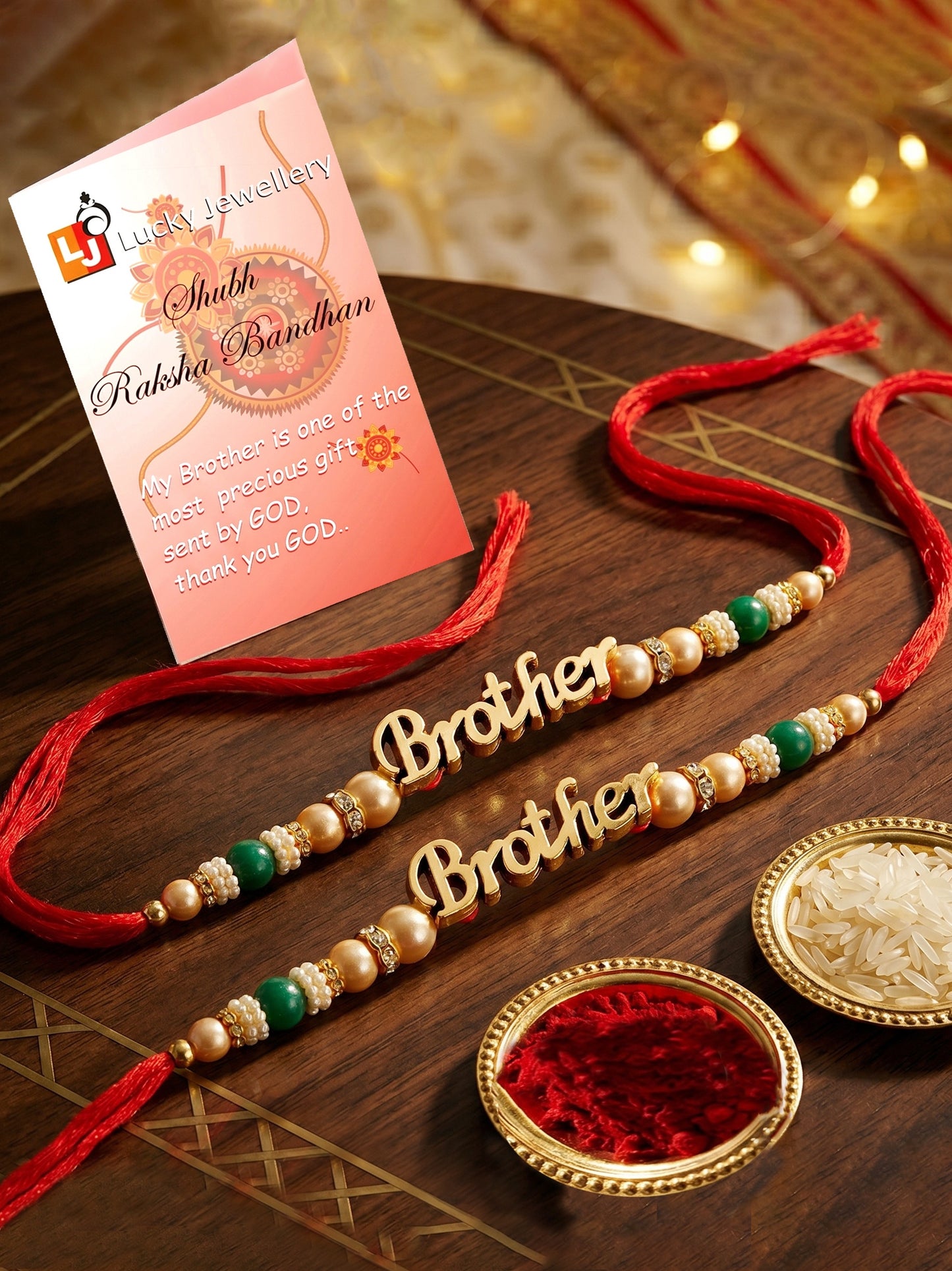 Lucky Jewellery Set of 2 Gold Brother Rakhi with Green Beads, Roli, Chawal & Card (66-CHR1-1964-2-2026)