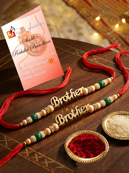 Lucky Jewellery Set of 2 Gold Brother Rakhi with Green Beads, Roli, Chawal & Card (66-CHR1-1964-2-2026)