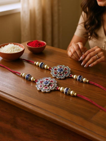 Lucky Jewellery Designer Oxidised Silver Meena Floral Rakhi - Rakshabandhan Rakhee Bracelet for Brother/Bhaiya/Bhai/Bhabhi - Pack of 2 (108-CHR1-1966-P-S-2)