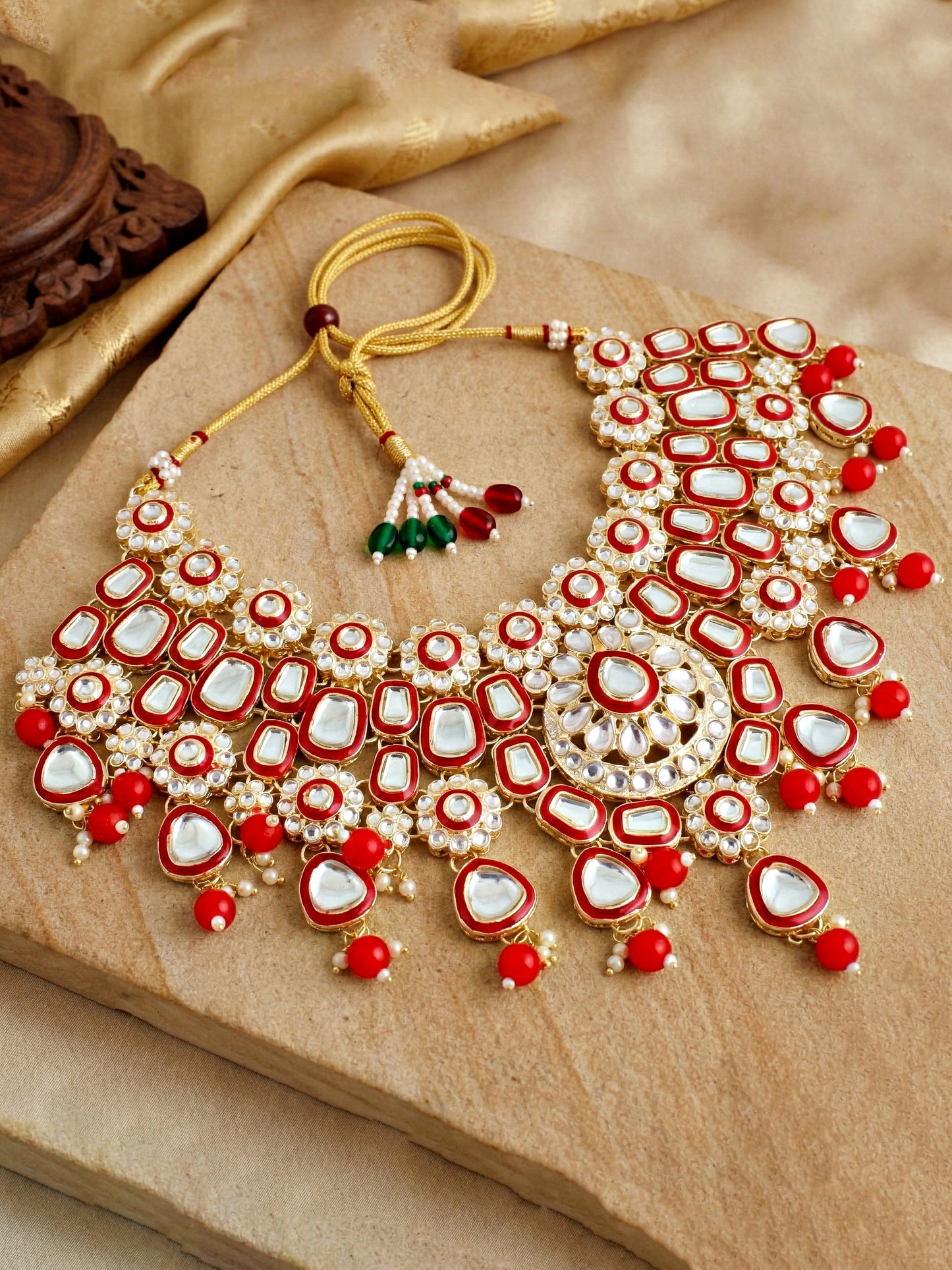 Bridal Kundan Bright Red Choker Jewellery Set with Hathphool & Nath (2541-IZK-554-RED)