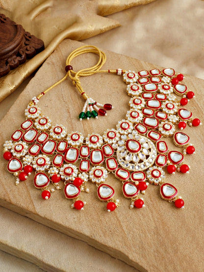 Bridal Kundan Bright Red Choker Jewellery Set with Hathphool & Nath (2541-IZK-554-RED)