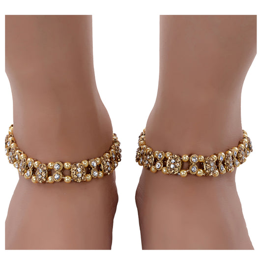 Lucky Jewellery Designer Golden Color Antique Polish Anklet Payal Pair Of One For Girls & Women