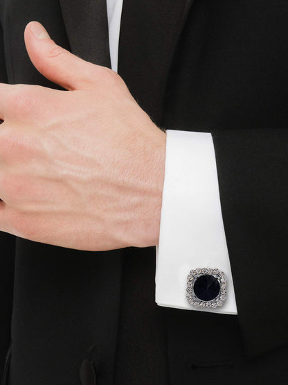 Lucky Jewellery Unique Men Jewelry Stone Silver Plated Black Sleeve Button Formal Cuff Button Wedding Shirt Button Suit Blazer Cufflink with Matching Tie Pin Gift Set For Men (403-M4C5-CRA5373-W-BL-S)
