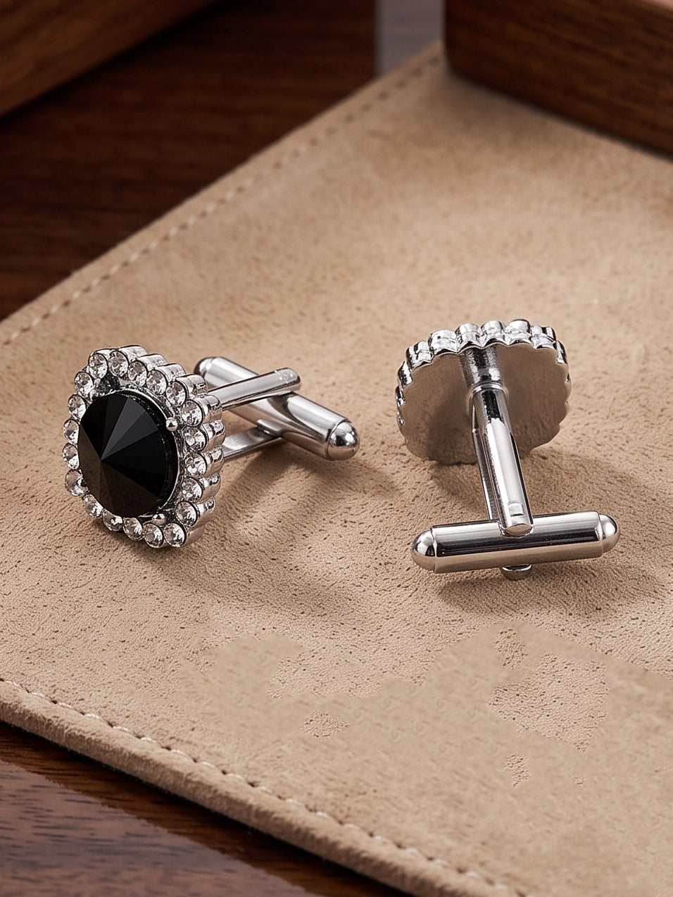 Lucky Jewellery Unique Men Jewelry Black Color White Stone Silver Plated Sleeve Button Formal Cuff Button Wedding Shirt Button, Suit, Blazer Cufflinks Pair Gift Set for Men (403-M4C54-CRA5373-W-BL-S)