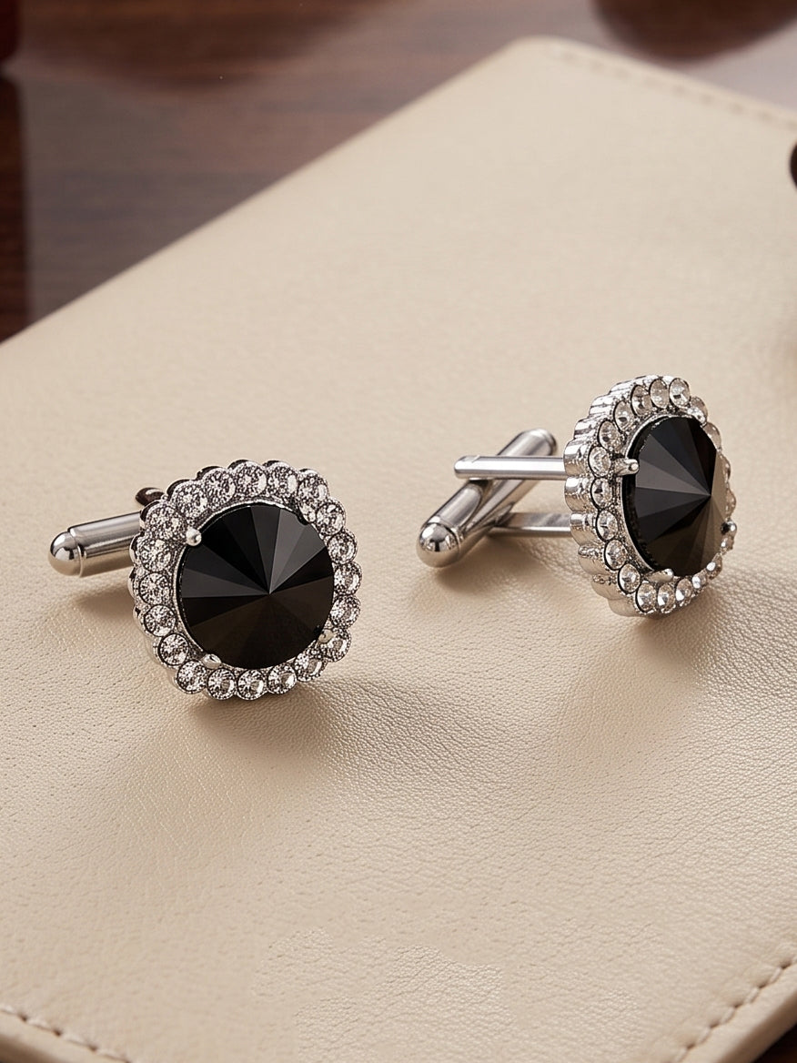 Lucky Jewellery Unique Men Jewelry Black Color White Stone Silver Plated Sleeve Button Formal Cuff Button Wedding Shirt Button, Suit, Blazer Cufflinks Pair Gift Set for Men (403-M4C54-CRA5373-W-BL-S)