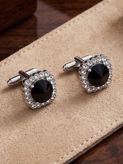 Lucky Jewellery Unique Men Jewelry Black Color White Stone Silver Plated Sleeve Button Formal Cuff Button Wedding Shirt Button, Suit, Blazer Cufflinks Pair Gift Set for Men (403-M4C54-CRA5373-W-BL-S)