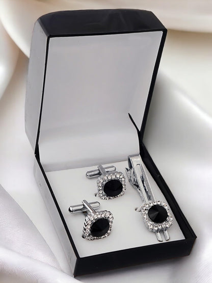 Lucky Jewellery Unique Men Jewelry Stone Silver Plated Black Sleeve Button Formal Cuff Button Wedding Shirt Button Suit Blazer Cufflink with Matching Tie Pin Gift Set For Men (403-M4C5-CRA5373-W-BL-S)