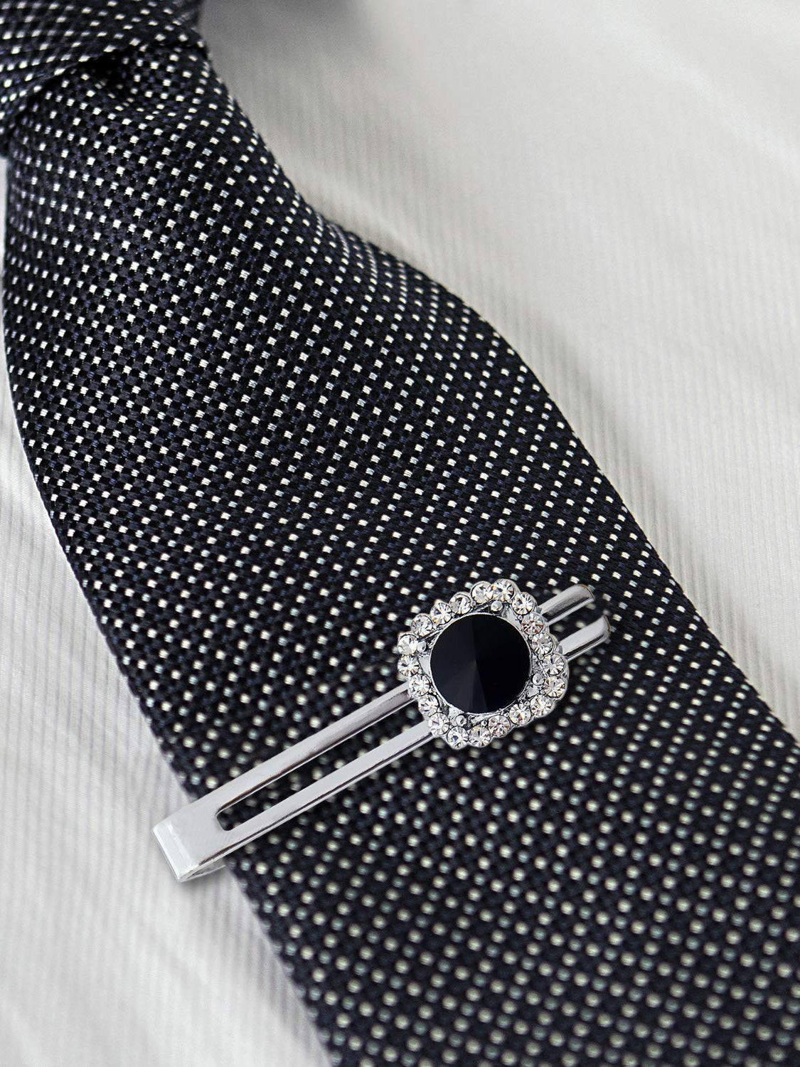 Lucky Jewellery Unique Men Jewelry Stone Silver Plated Black Sleeve Button Formal Cuff Button Wedding Shirt Button Suit Blazer Cufflink with Matching Tie Pin Gift Set For Men (403-M4C5-CRA5373-W-BL-S)