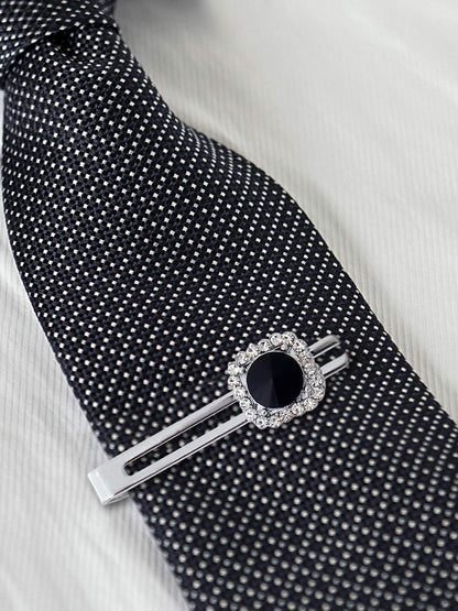 Lucky Jewellery Unique Men Jewelry Stone Silver Plated Black Sleeve Button Formal Cuff Button Wedding Shirt Button Suit Blazer Cufflink with Matching Tie Pin Gift Set For Men (403-M4C5-CRA5373-W-BL-S)