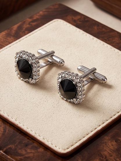 Lucky Jewellery Unique Men Jewelry Black Color White Stone Silver Plated Sleeve Button Formal Cuff Button Wedding Shirt Button, Suit, Blazer Cufflinks Pair Gift Set for Men (403-M4C54-CRA5373-W-BL-S)