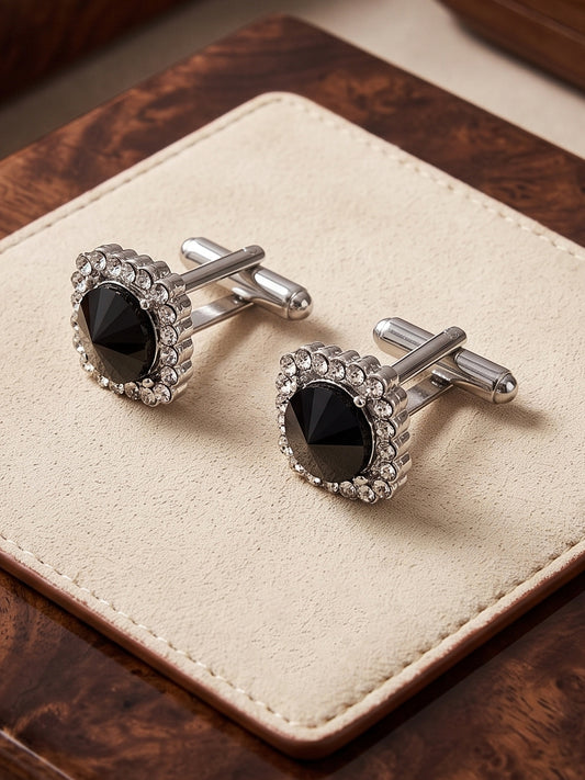 Lucky Jewellery Unique Men Jewelry Black Color White Stone Silver Plated Sleeve Button Formal Cuff Button Wedding Shirt Button, Suit, Blazer Cufflinks Pair Gift Set for Men (403-M4C54-CRA5373-W-BL-S)