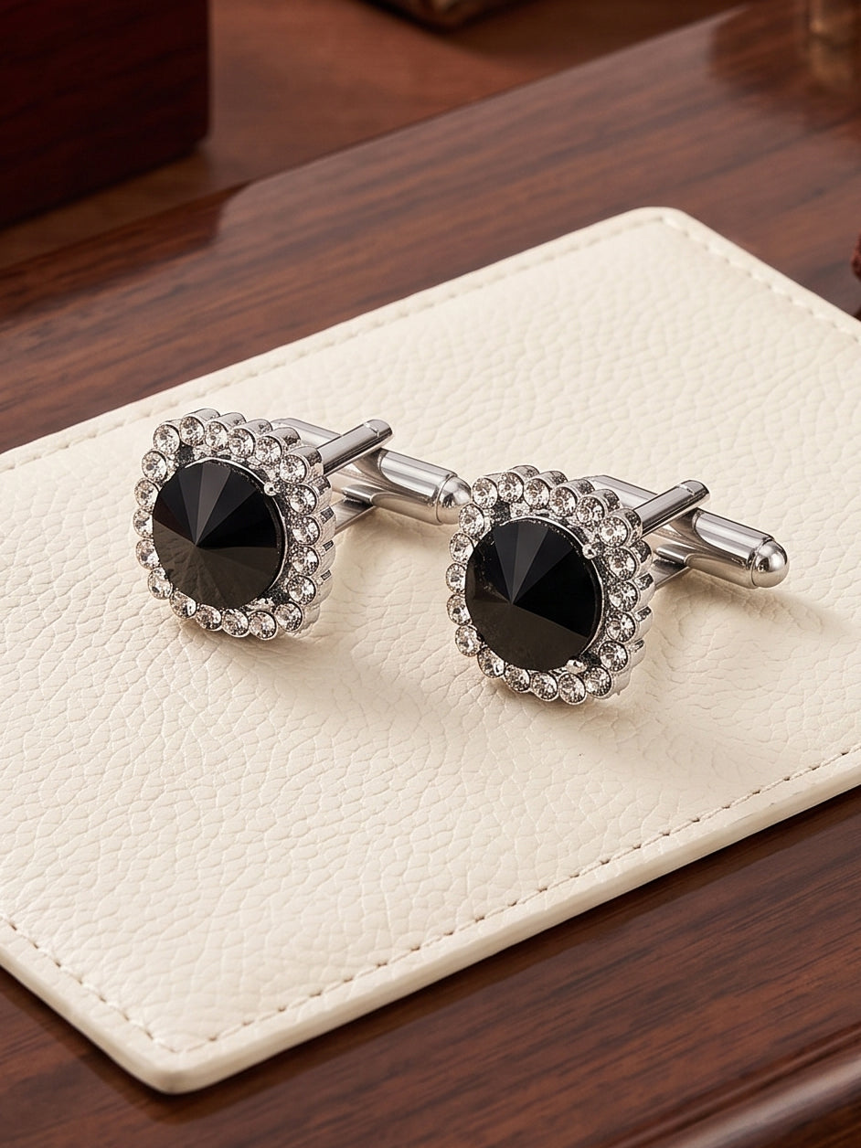 Lucky Jewellery Unique Men Jewelry Black Color White Stone Silver Plated Sleeve Button Formal Cuff Button Wedding Shirt Button, Suit, Blazer Cufflinks Pair Gift Set for Men (403-M4C54-CRA5373-W-BL-S)