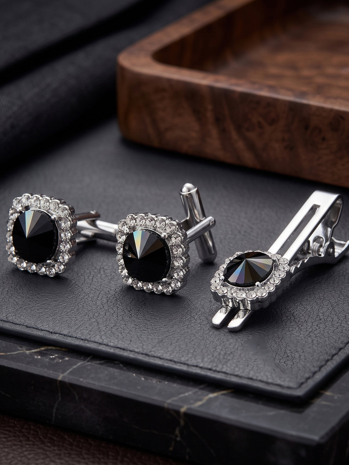 Lucky Jewellery Unique Men Jewelry Stone Silver Plated Black Sleeve Button Formal Cuff Button Wedding Shirt Button Suit Blazer Cufflink with Matching Tie Pin Gift Set For Men (403-M4C5-CRA5373-W-BL-S)