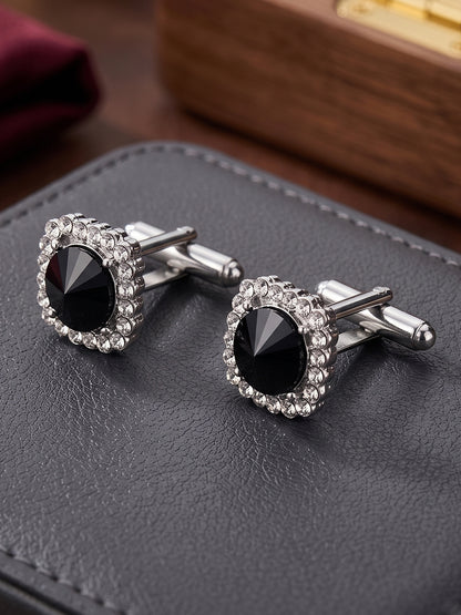 Lucky Jewellery Unique Men Jewelry Black Color White Stone Silver Plated Sleeve Button Formal Cuff Button Wedding Shirt Button, Suit, Blazer Cufflinks Pair Gift Set for Men (403-M4C54-CRA5373-W-BL-S)