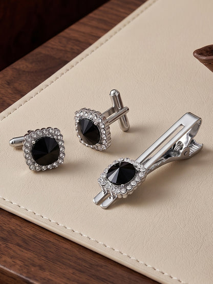Lucky Jewellery Unique Men Jewelry Stone Silver Plated Black Sleeve Button Formal Cuff Button Wedding Shirt Button Suit Blazer Cufflink with Matching Tie Pin Gift Set For Men (403-M4C5-CRA5373-W-BL-S)
