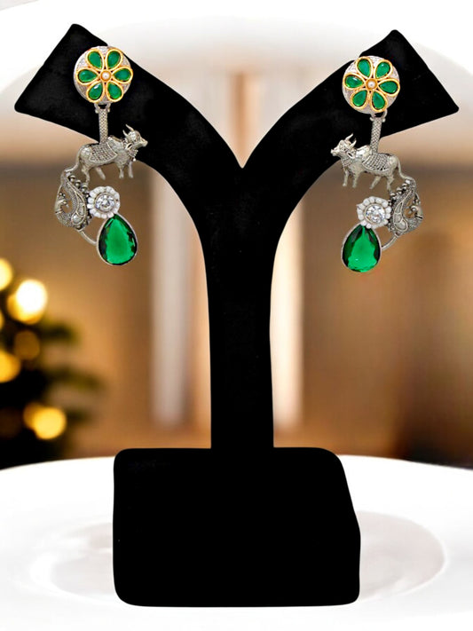 Trendy Celebrity Inspired Oxidised Silver Green Earring For Girls & Women| Black Metal Earing Set