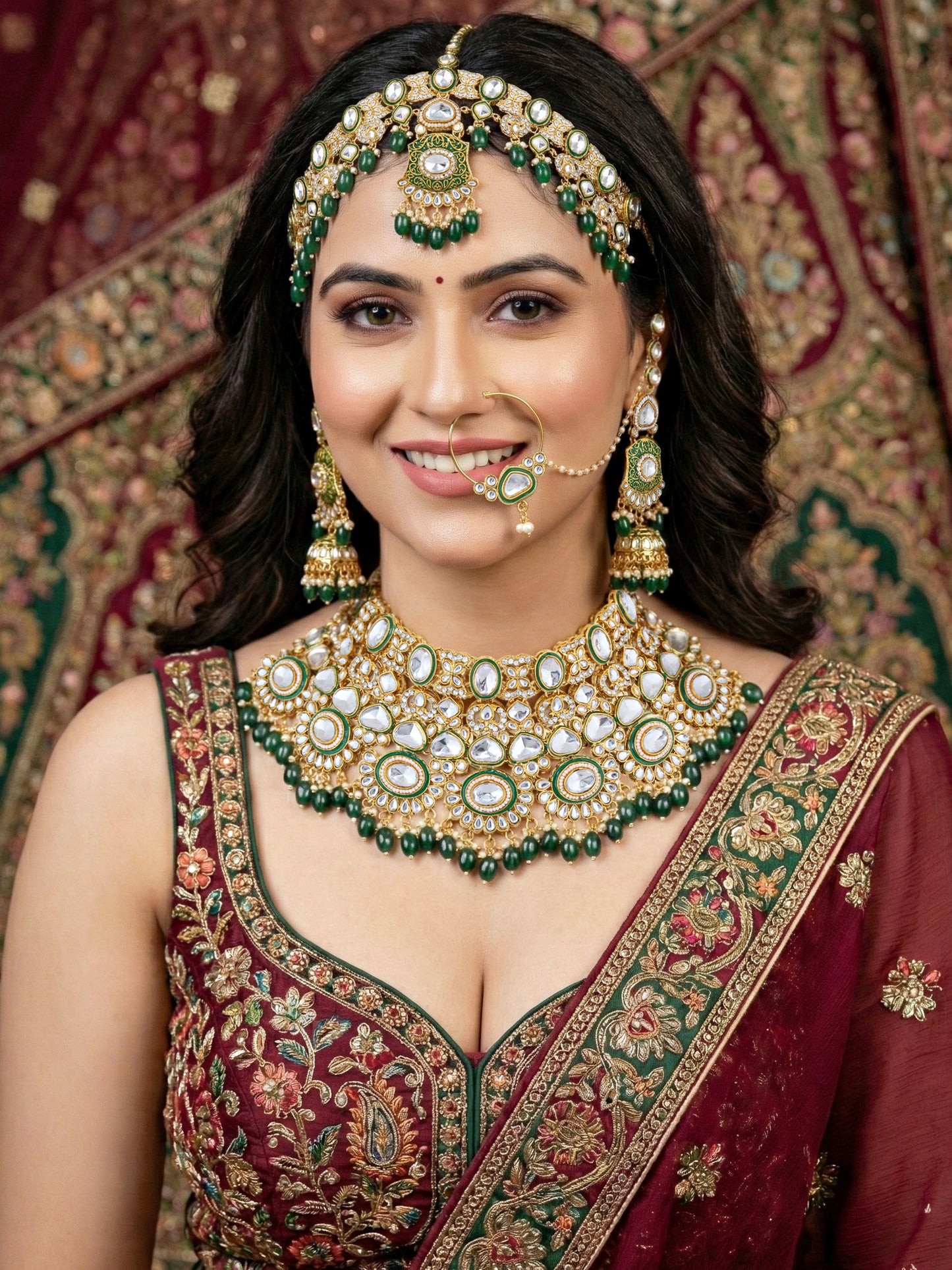LUCKY JEWELLERY Traditional Kundan Green Jewellery Set | Bridal Style Royal Ethnic Necklace Set (4125-IZR-2414-G)