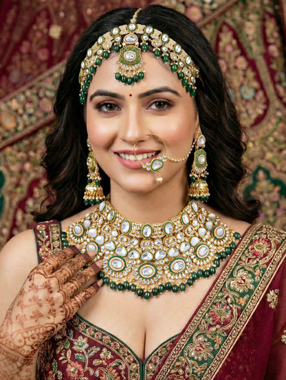 LUCKY JEWELLERY Traditional Kundan Green Jewellery Set | Bridal Style Royal Ethnic Necklace Set (4125-IZR-2414-G)