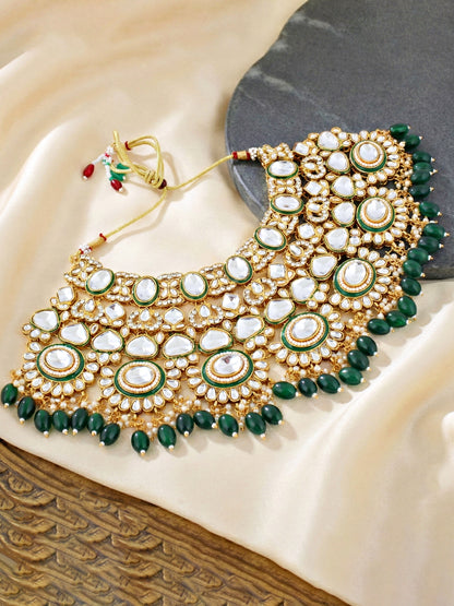 LUCKY JEWELLERY Traditional Kundan Green Jewellery Set | Bridal Style Royal Ethnic Necklace Set (4125-IZR-2414-G)