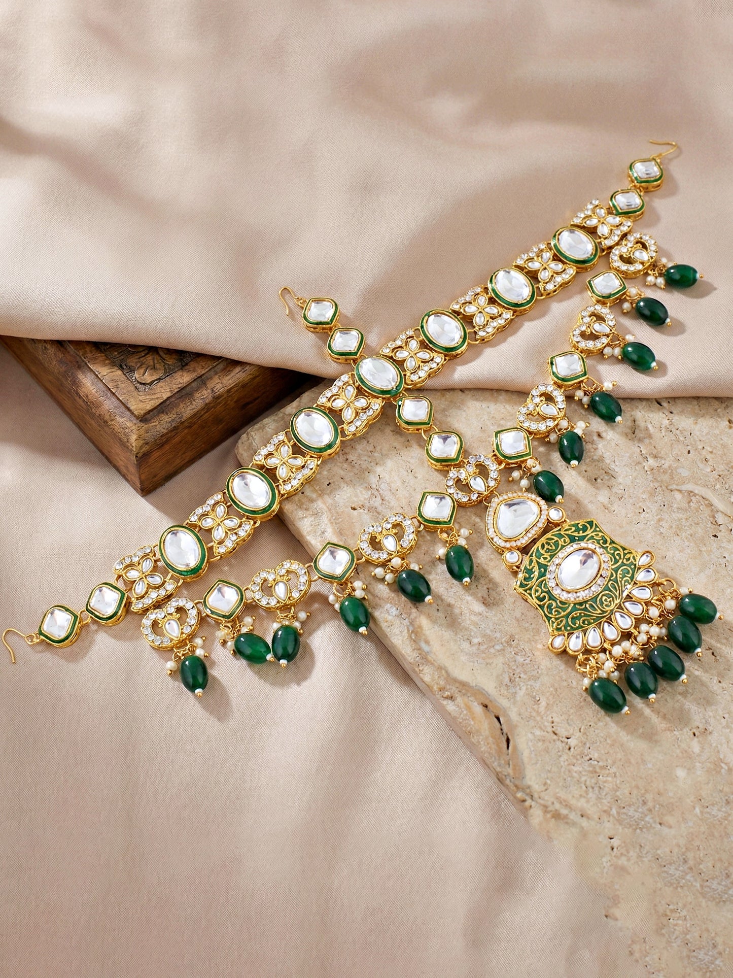 LUCKY JEWELLERY Traditional Kundan Green Jewellery Set | Bridal Style Royal Ethnic Necklace Set (4125-IZR-2414-G)