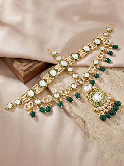 LUCKY JEWELLERY Traditional Kundan Green Jewellery Set | Bridal Style Royal Ethnic Necklace Set (4125-IZR-2414-G)