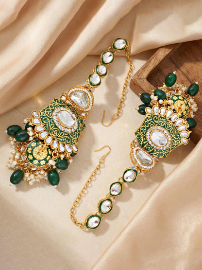 LUCKY JEWELLERY Traditional Kundan Green Jewellery Set | Bridal Style Royal Ethnic Necklace Set (4125-IZR-2414-G)