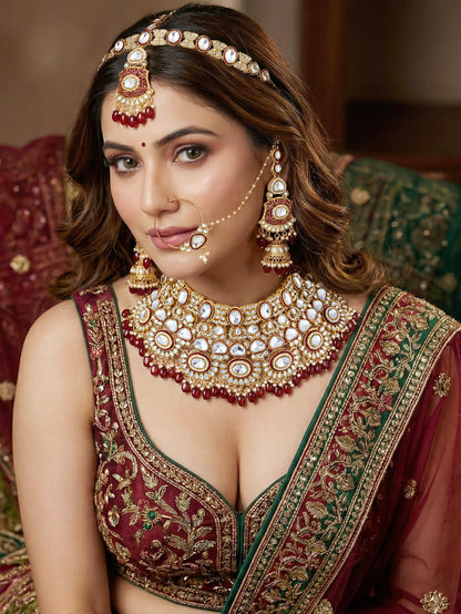 LUCKY JEWELLERY Traditional Kundan Maroon Jewellery Set | Bridal Style Royal Ethnic Necklace Set (4125-IZR-2414-M)